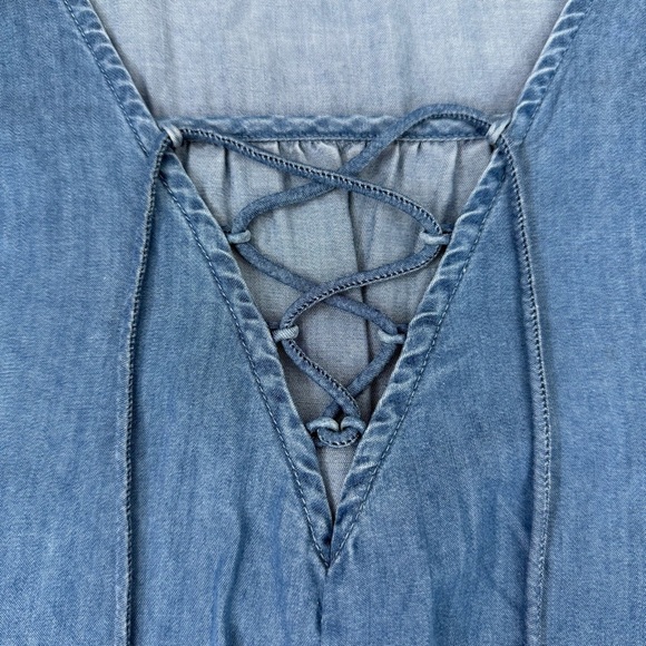 Women’s Lucky Brand Chambray Denim Lace Up Short Sleeve V-Neck Dress Medium - Picture 6 of 16